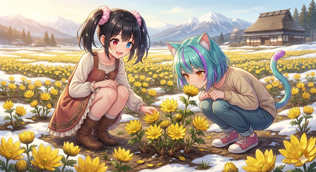 福寿草とアケちゃん ミケちゃん🌼
