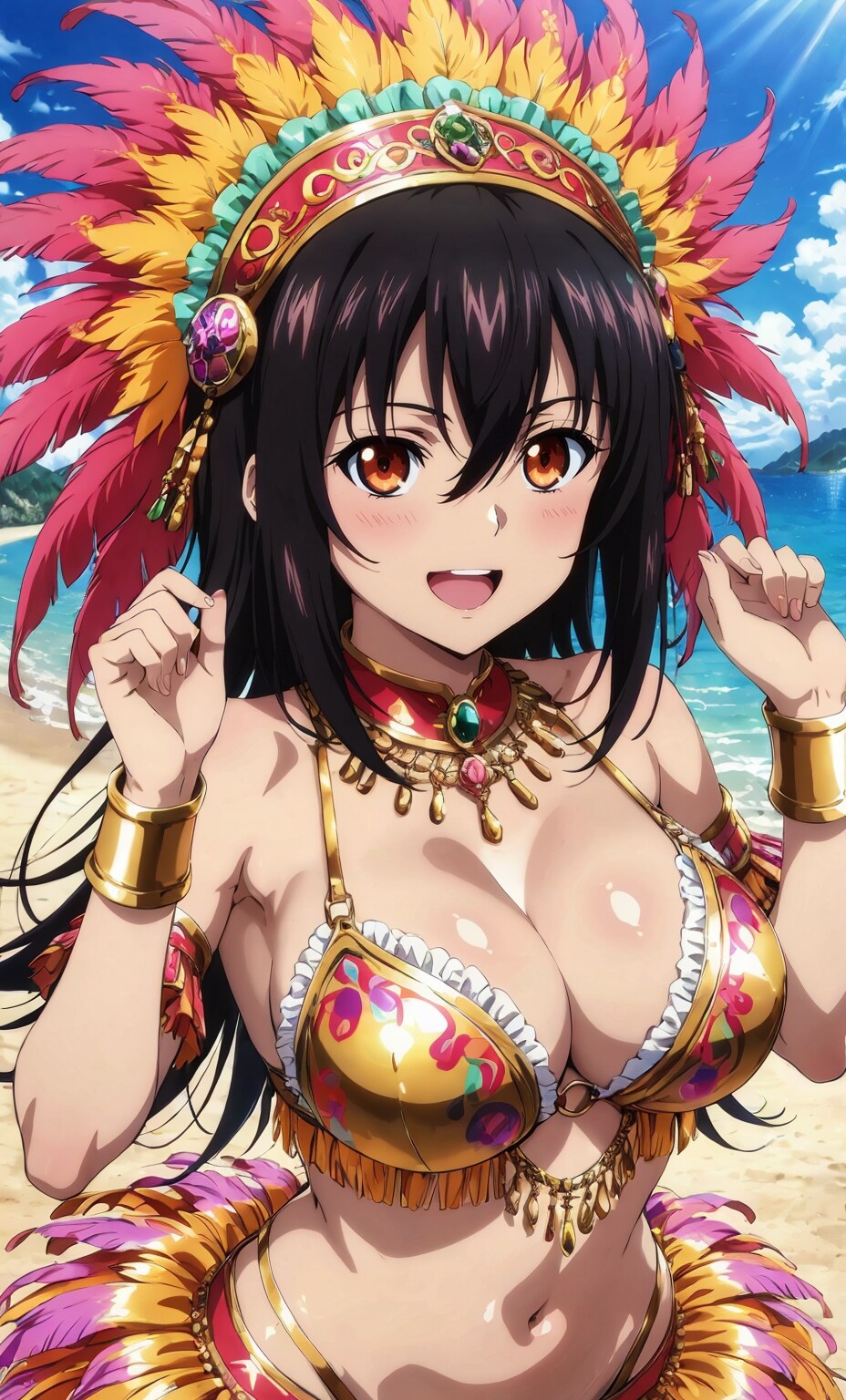 ビーチで夏サンバ♪はしゃぐ剣巫😊♪・・姫柊ちゃん「いいえ先輩！これは私達二人の為のサンバ衣装です♪」