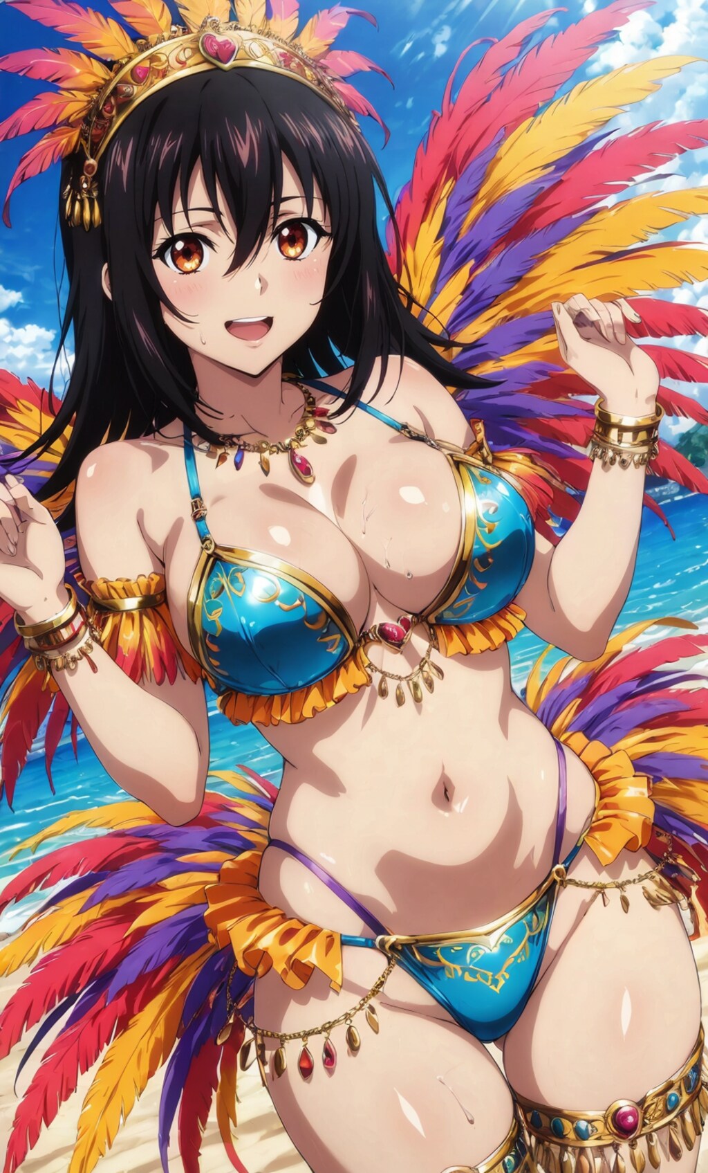 ビーチで夏サンバ♪はしゃぐ剣巫😊♪・・姫柊ちゃん「いいえ先輩！これは私達二人の為のサンバ衣装です♪」