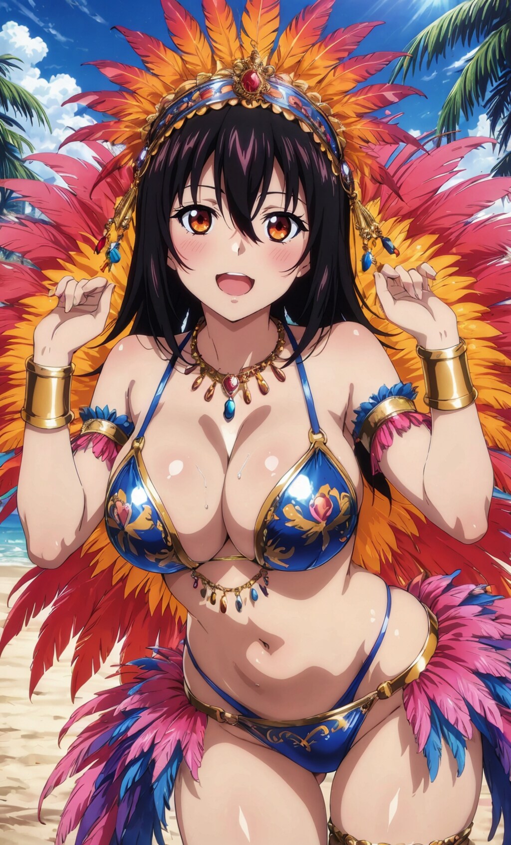 ビーチで夏サンバ♪はしゃぐ剣巫😊♪・・姫柊ちゃん「いいえ先輩！これは私達二人の為のサンバ衣装です♪」