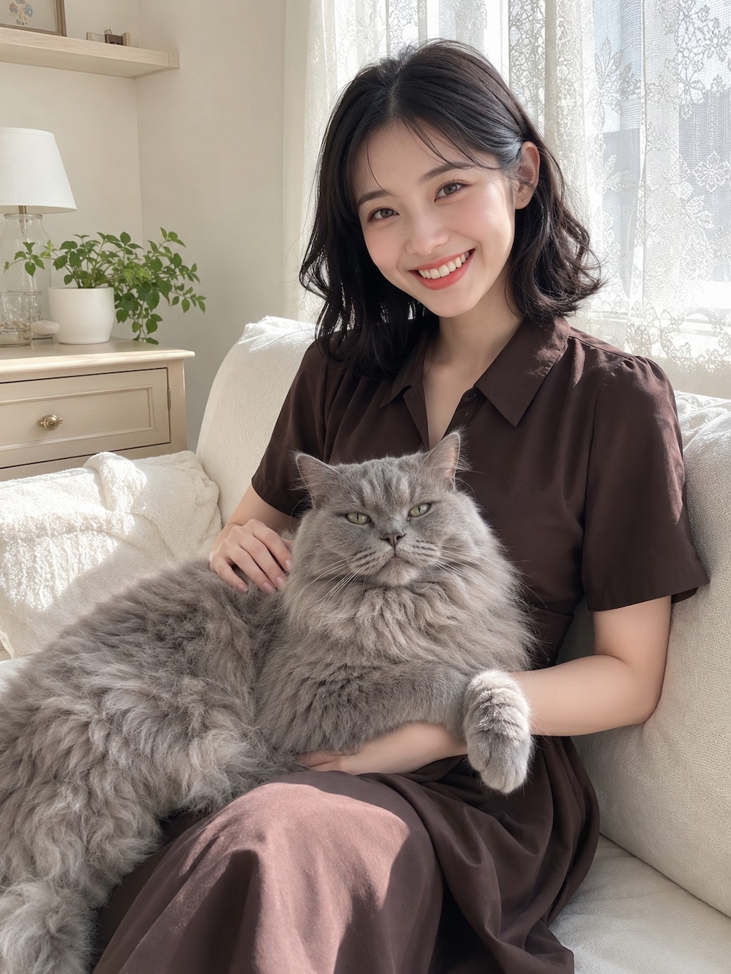 美人とおっきい猫