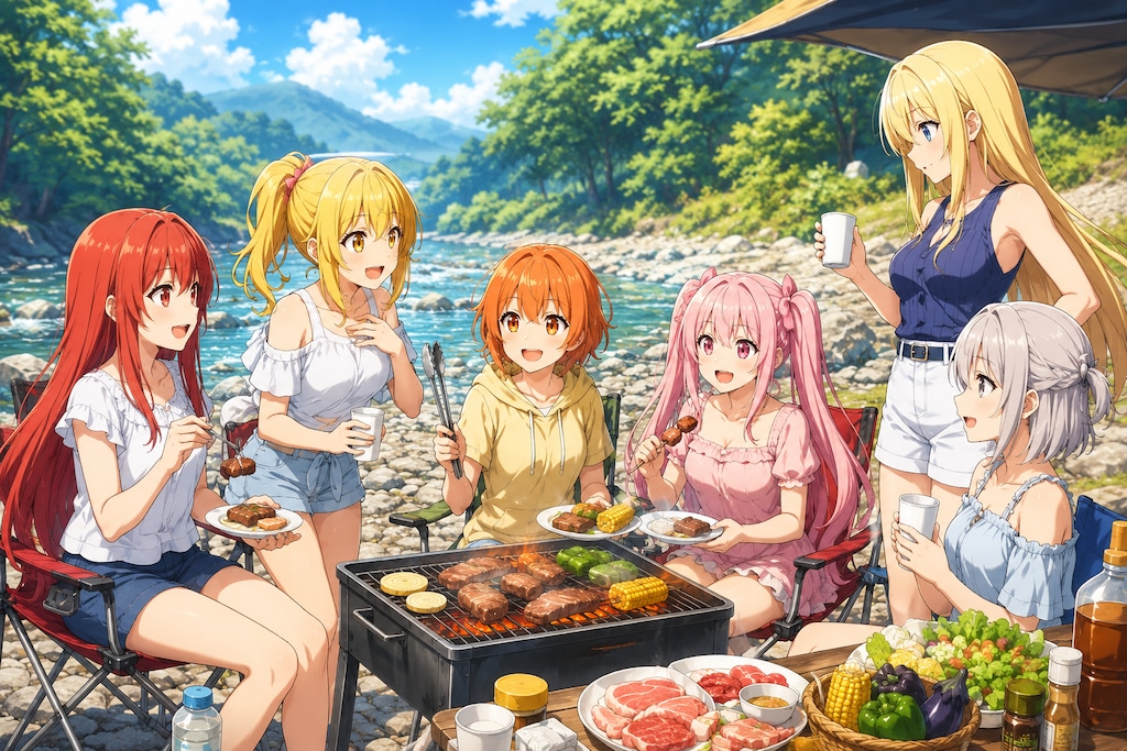 河原でバーベキュー