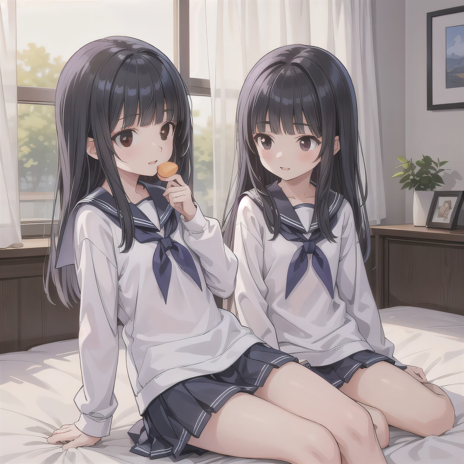 黒髪ロングで寝室の少女３ | の人気AIイラスト・グラビア