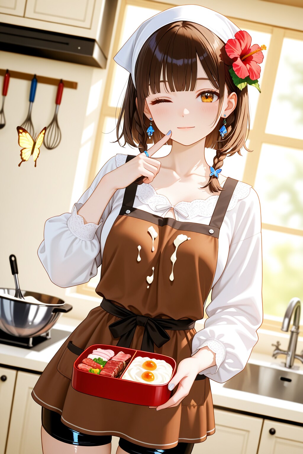 莉々花特製の3種の焼き肉&とろろ弁当よ❤️………え❗エプロン❗️……あ❗️本当だ❗️とろろをすり下ろした時に付いたんだわ❤️ | の人気AIイラスト・グラビア