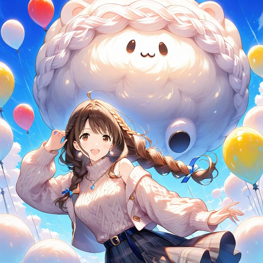 白い巨大キャラクター風船を持つ毛糸ニット服の美女。