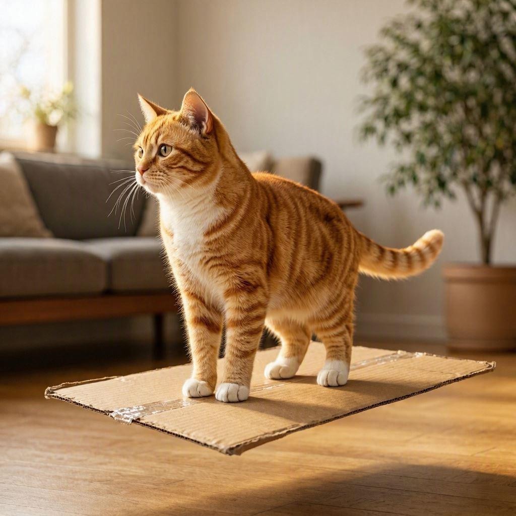 浮いたダンボールに乗る猫