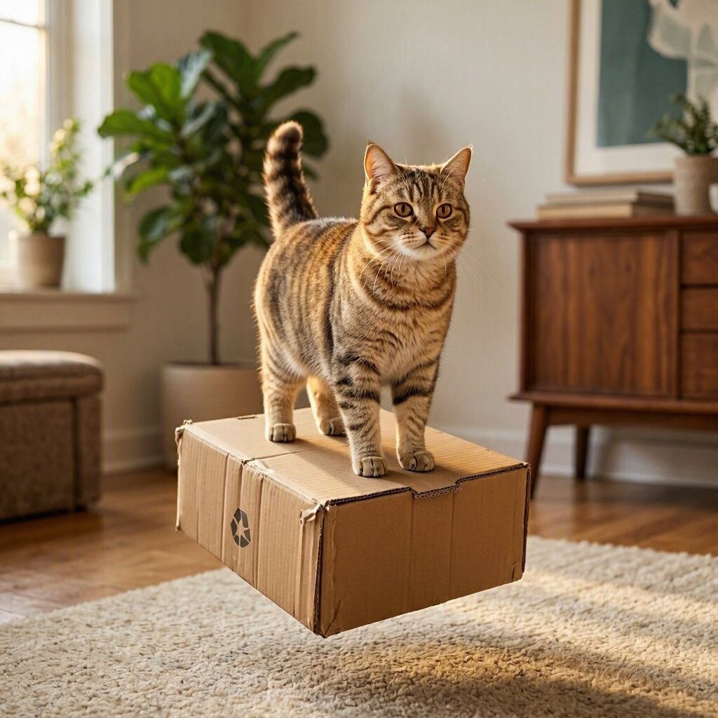 浮いたダンボールに乗る猫