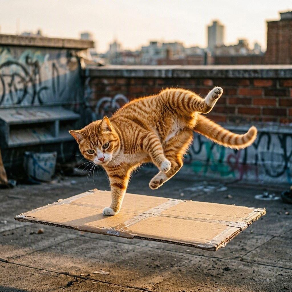 浮いたダンボールに乗る猫