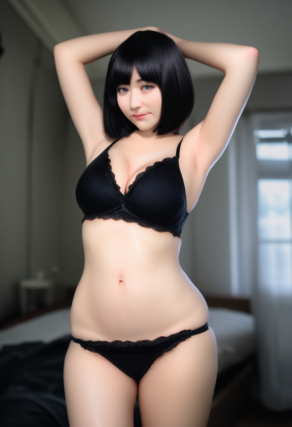 黒下着に包まれたどスケベボディを見せつけるボブカットの女