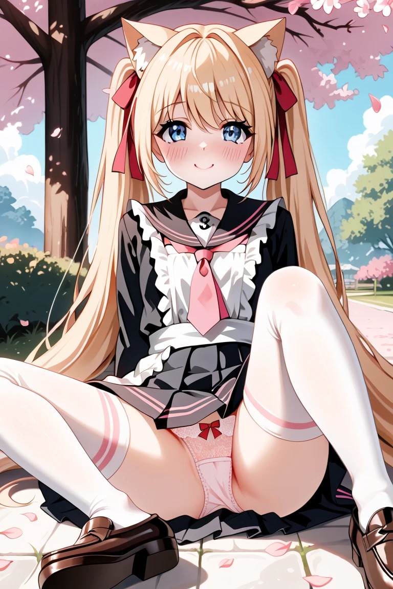 猫耳メイド金髪ツインテJK莉奈の桜の下でニコッ♡ かわいいでしょ？🌸🐱