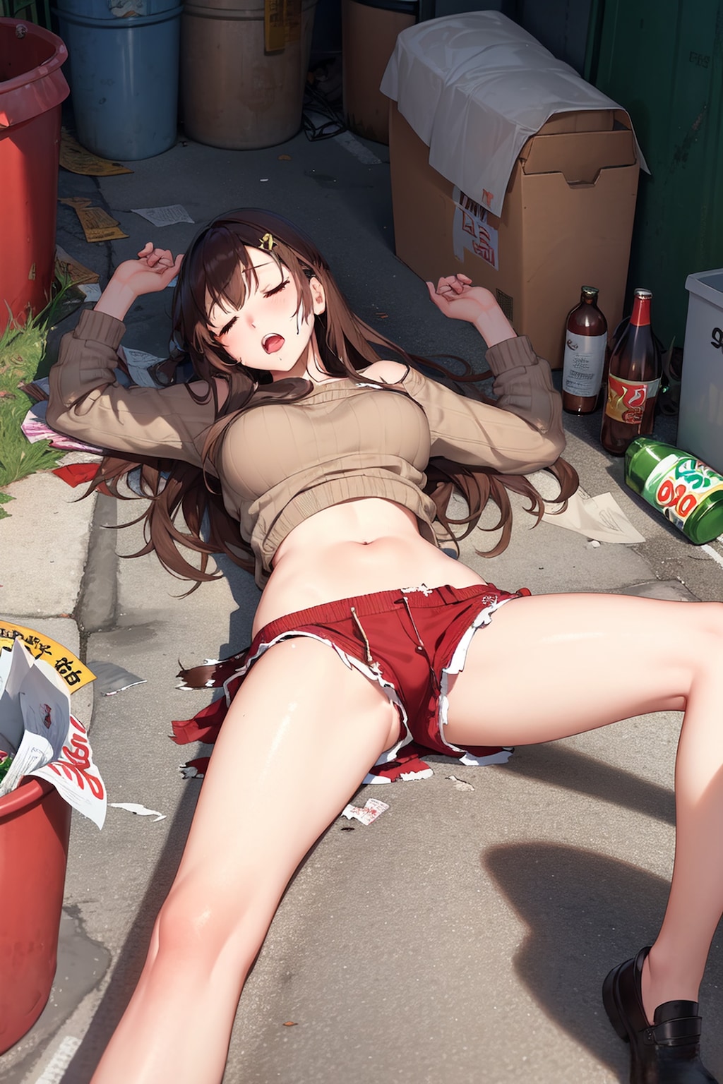 路地裏で眠っている酔った女の子