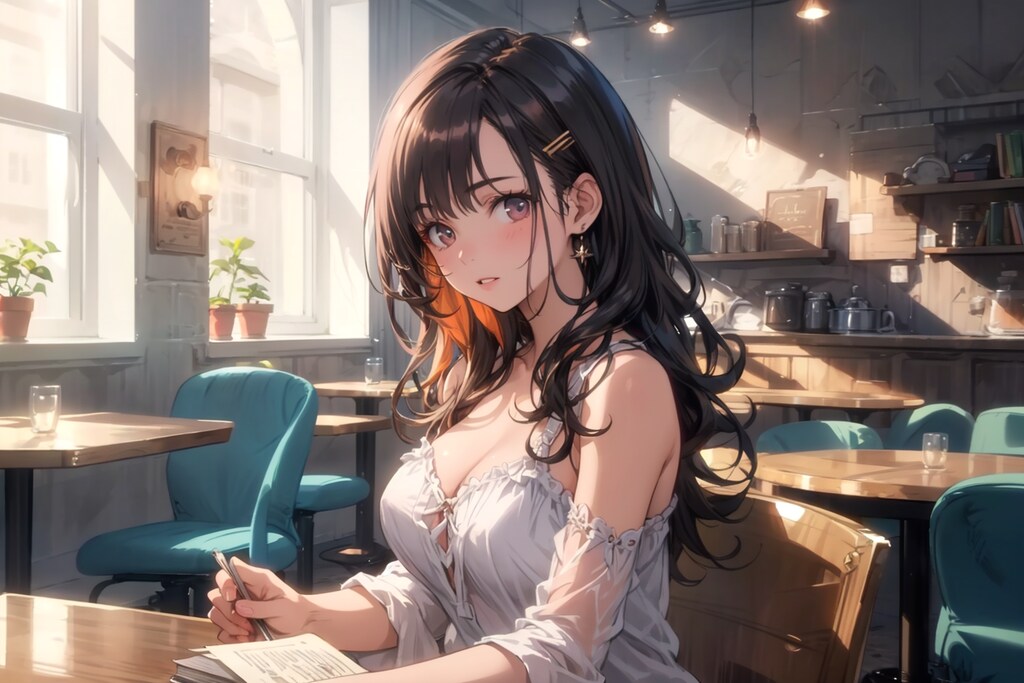 カフェでお勉強するお姉さん