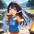河原でお芋を焼いたエルフの小さな女の子 2枚目