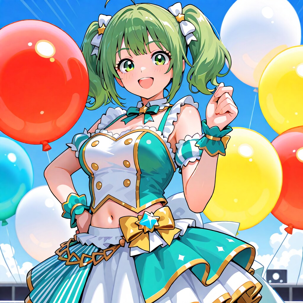 いっぱい色とりどりの風船を持つ緑色ツインテールのアイドル衣装着た美少女 | の人気AIイラスト・グラビア