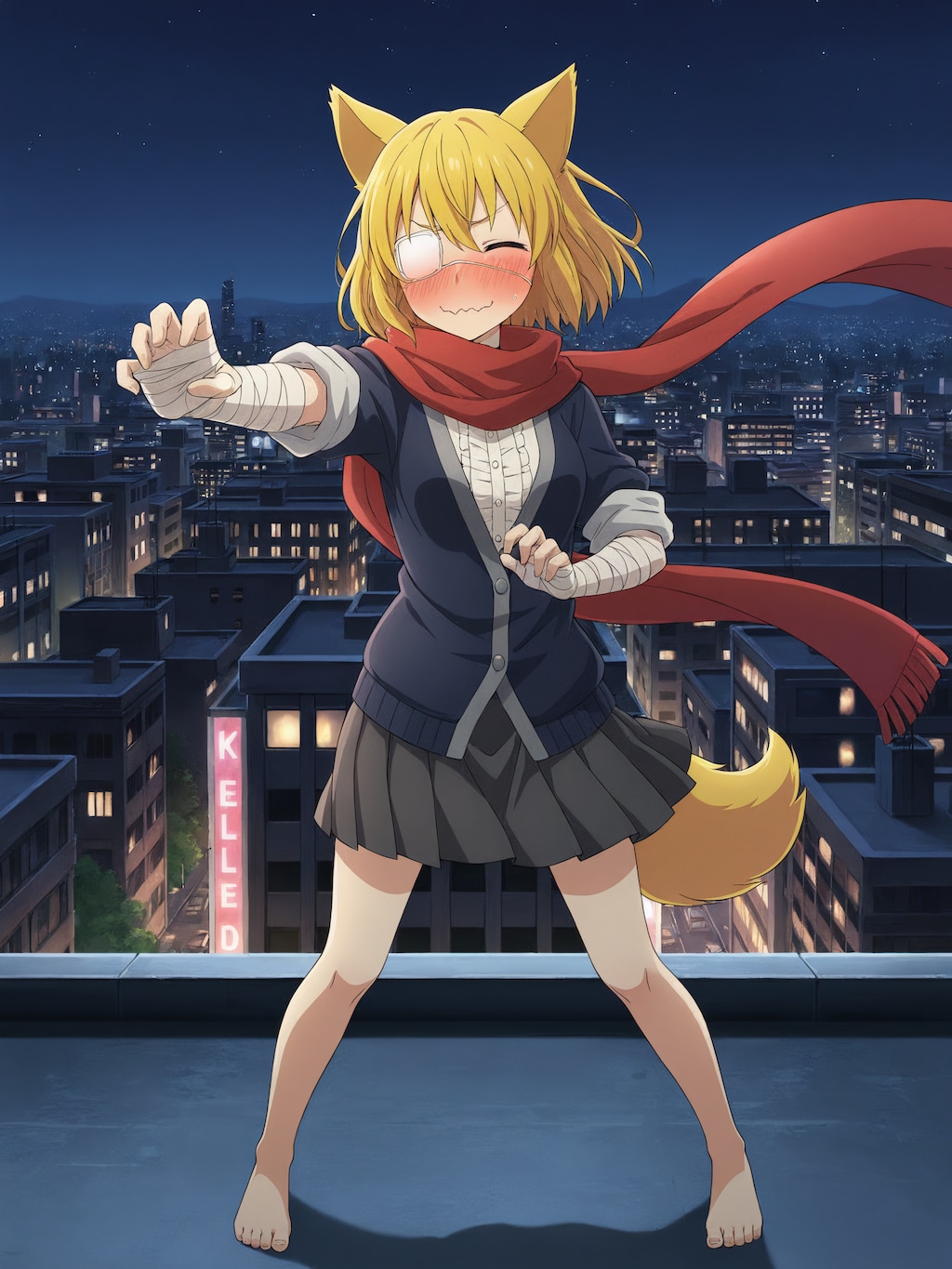 厨二病ごっこをするために腕に包帯を巻き眼帯も装着して準備万端でビルの屋上におもむき赤いマフラーをなびかせながらかっこいいポーズを取ってみたところで自身の奥底に眠っていた闇の力ではなく羞恥…