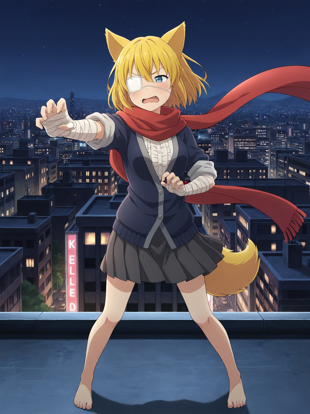 厨二病ごっこをするために腕に包帯を巻き眼帯も装着して準備万端でビルの屋上におもむき赤いマフラーをなびかせながらかっこいいポーズを取ってみたところで自身の奥底に眠っていた闇の力ではなく羞恥…