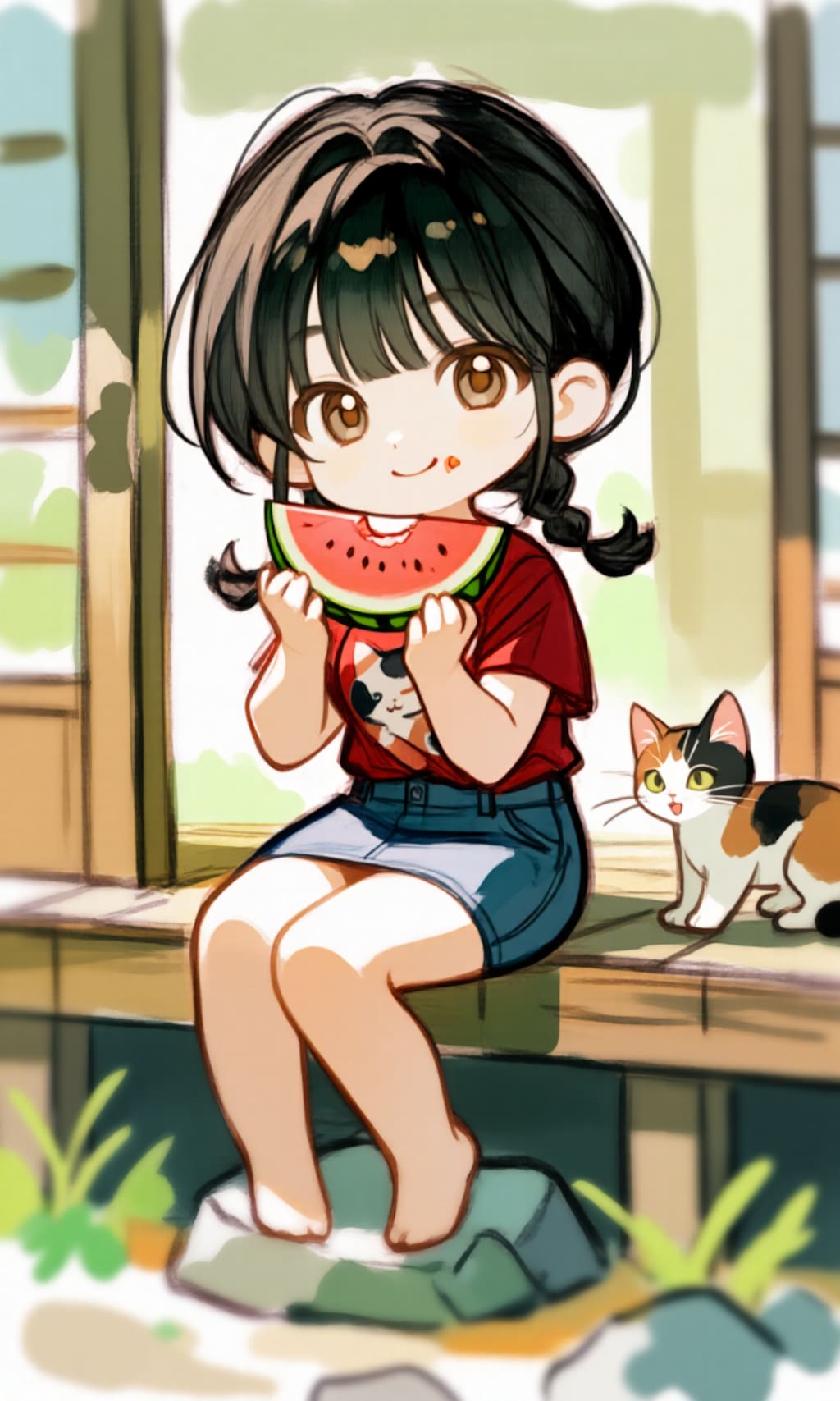 縁側でスイカ