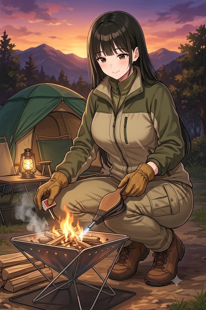 焚火の火を起こすサキちゃん