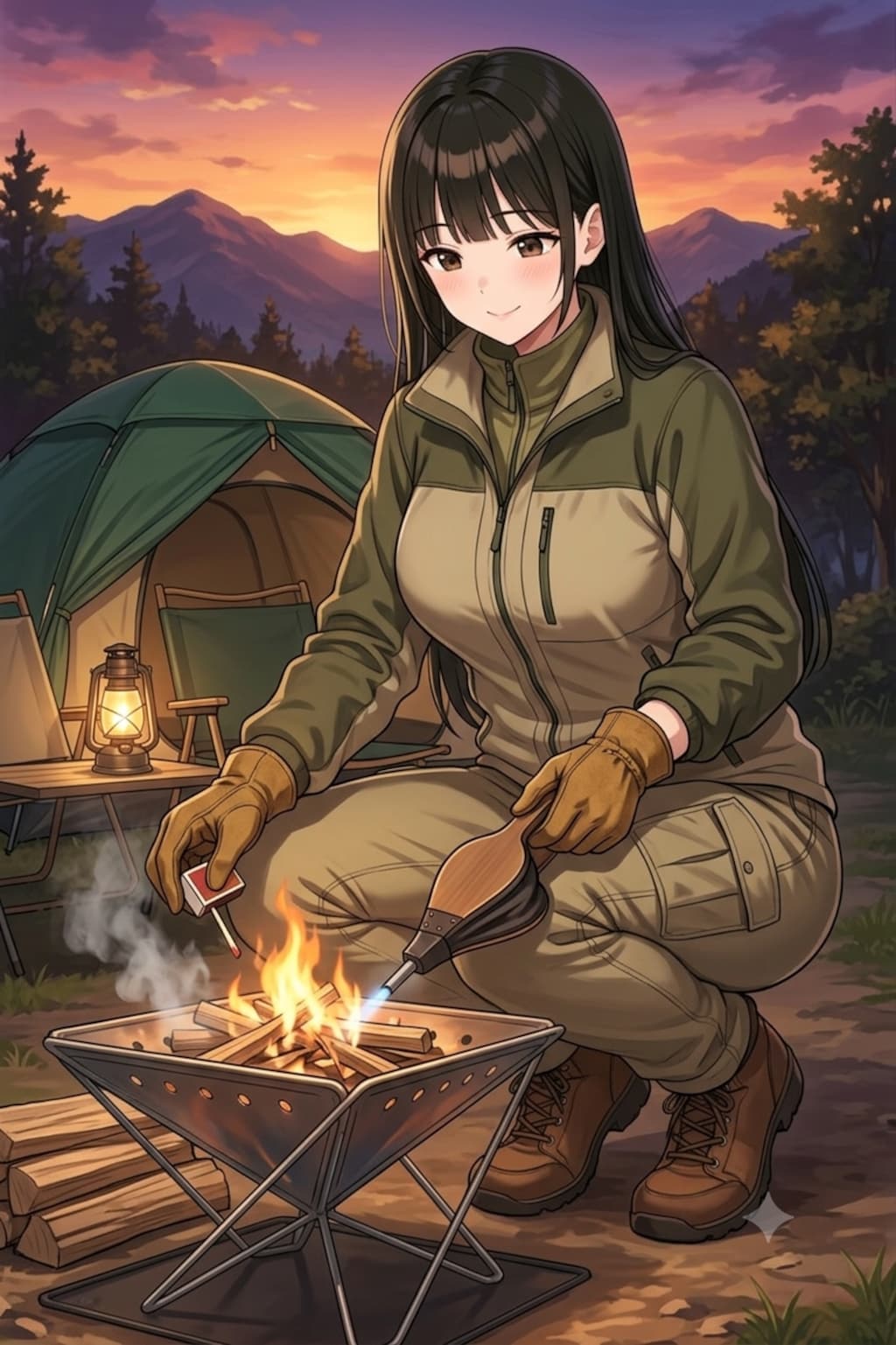 焚火の火を起こすサキちゃん