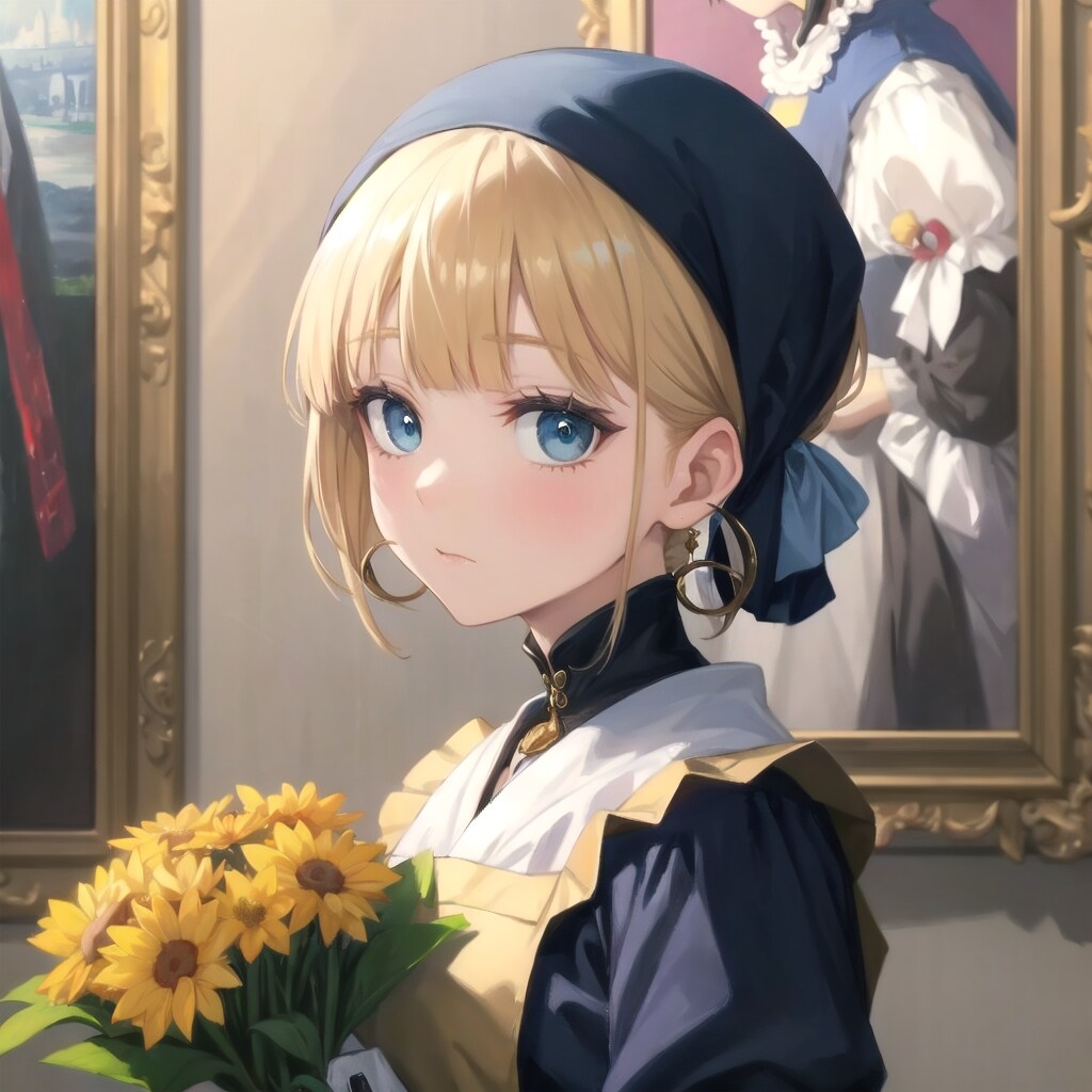 油絵風の「花束を持つメイド」の自画像　Ver.03