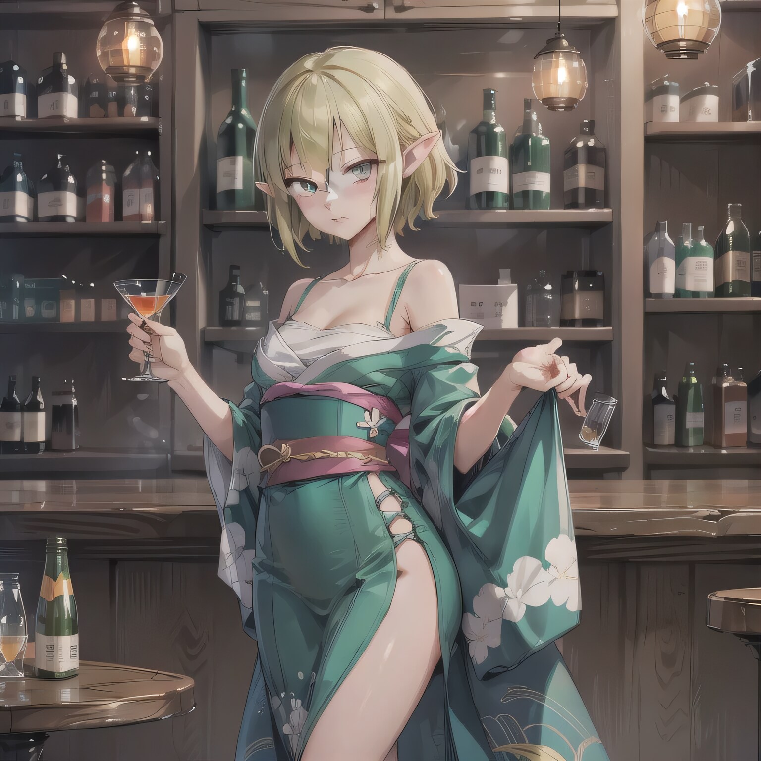 緑髪ボブで酒場の少女 | の人気AIイラスト・グラビア