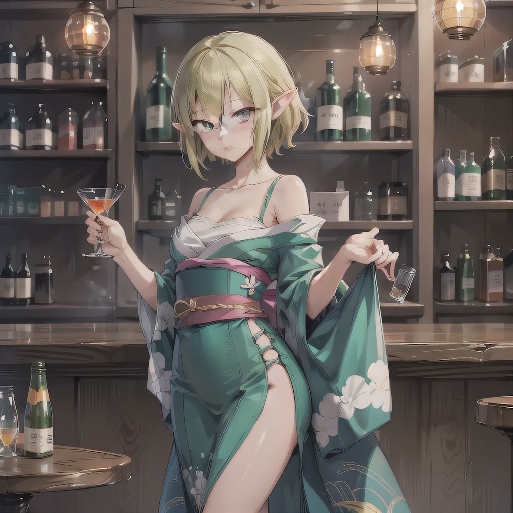 緑髪ボブで酒場の少女