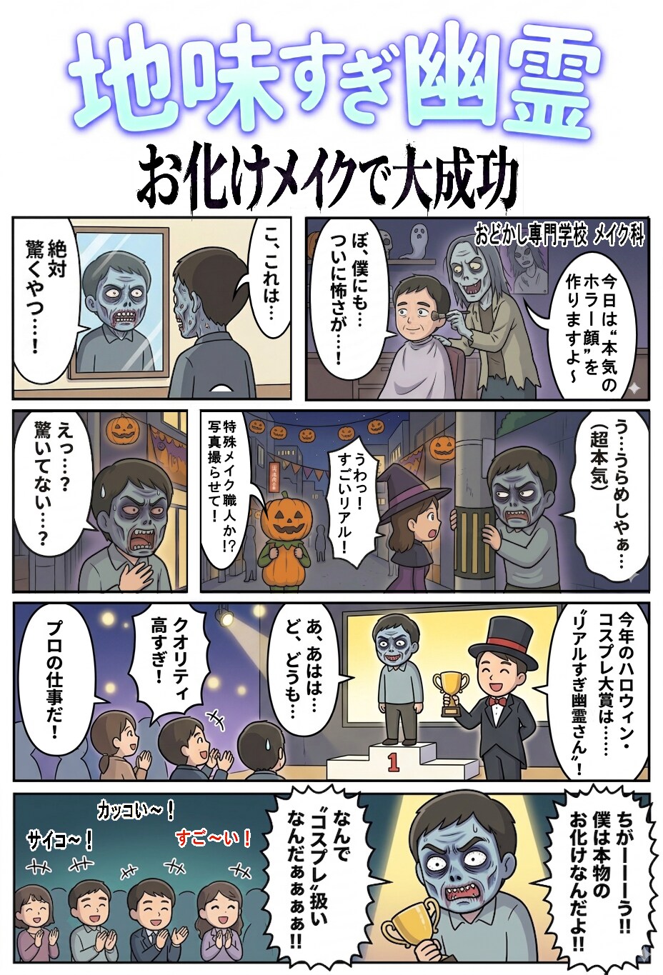 地味すぎ幽霊・第２話　お化けメイクで大成功（四コマ漫画【たた８】３０の２） | の人気AIイラスト・グラビア