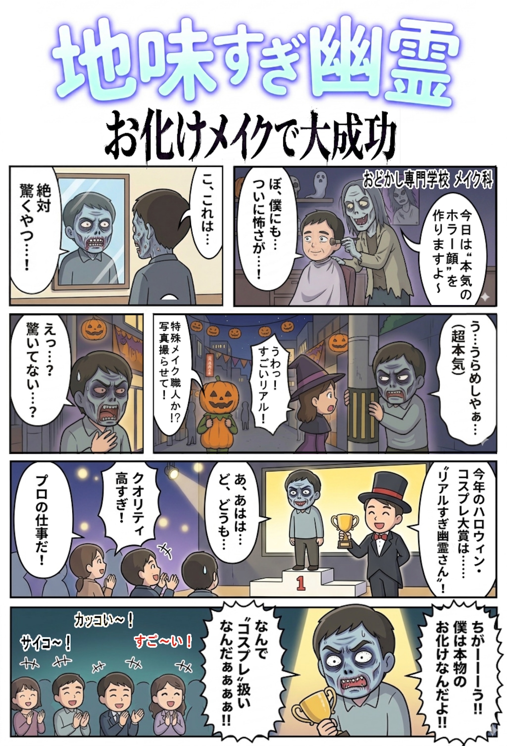 地味すぎ幽霊・第２話　お化けメイクで大成功（四コマ漫画【たた８】３０の２）