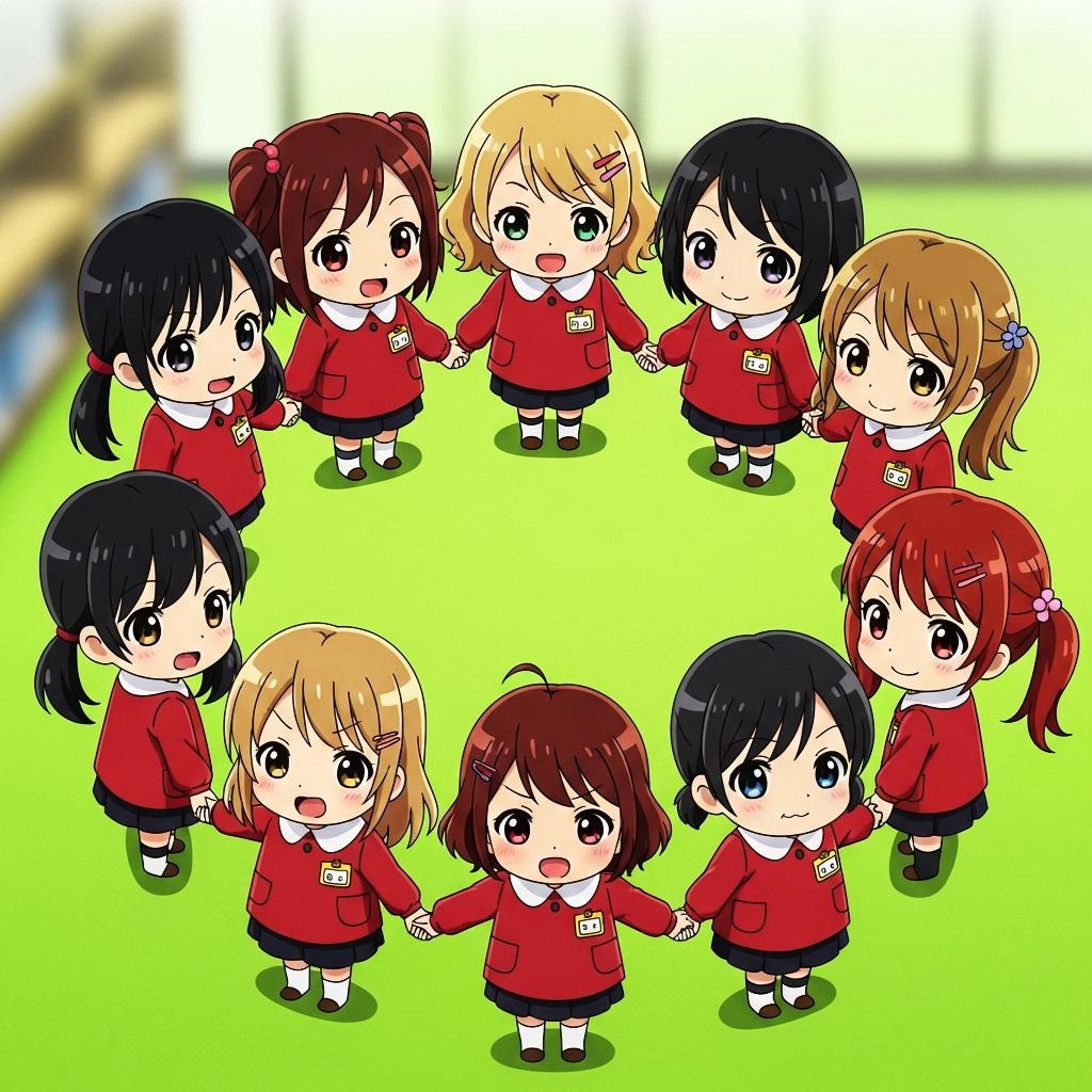 円陣を組んでいる臙脂の園児服を着た園児たち