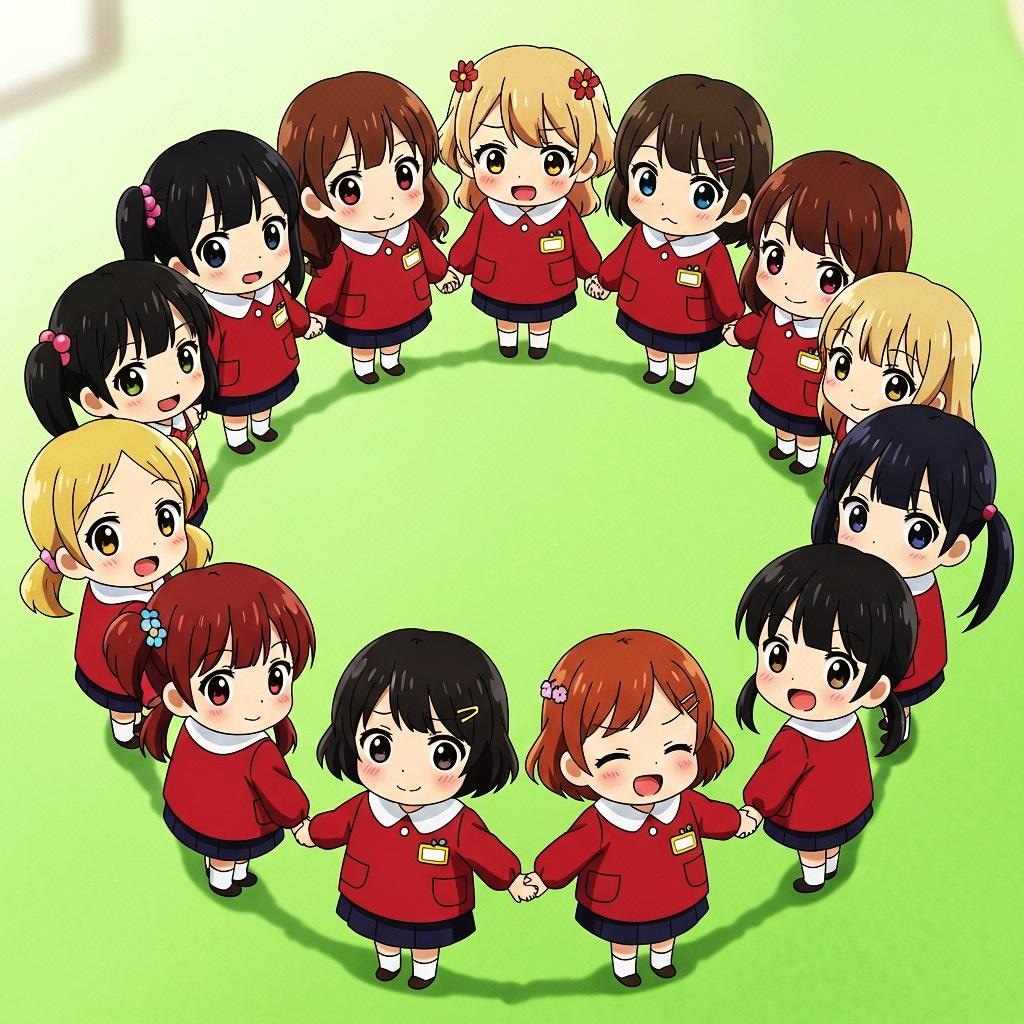円陣を組んでいる臙脂の園児服を着た園児たち