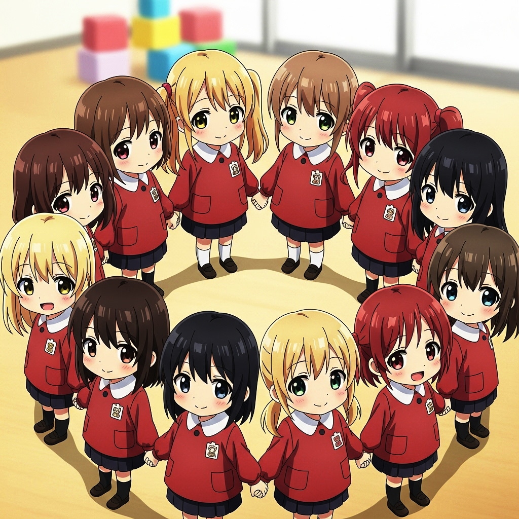 円陣を組んでいる臙脂の園児服を着た園児たち | の人気AIイラスト・グラビア