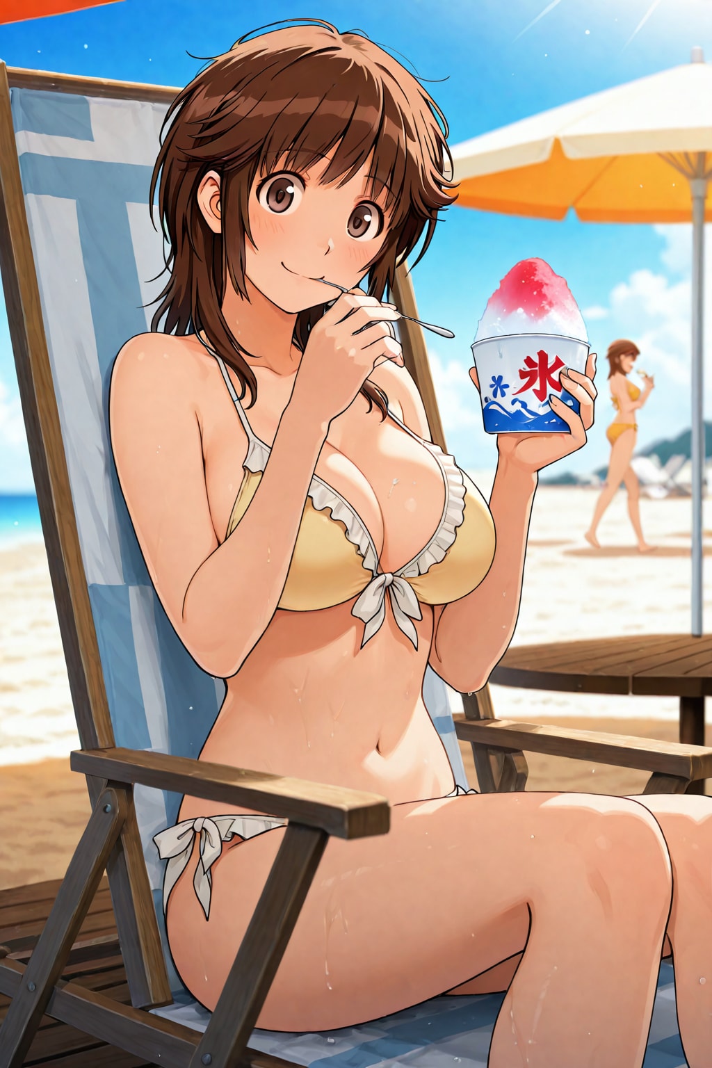 ビーチでかき氷を食べる梨穂子👙🍧🏖️❤️