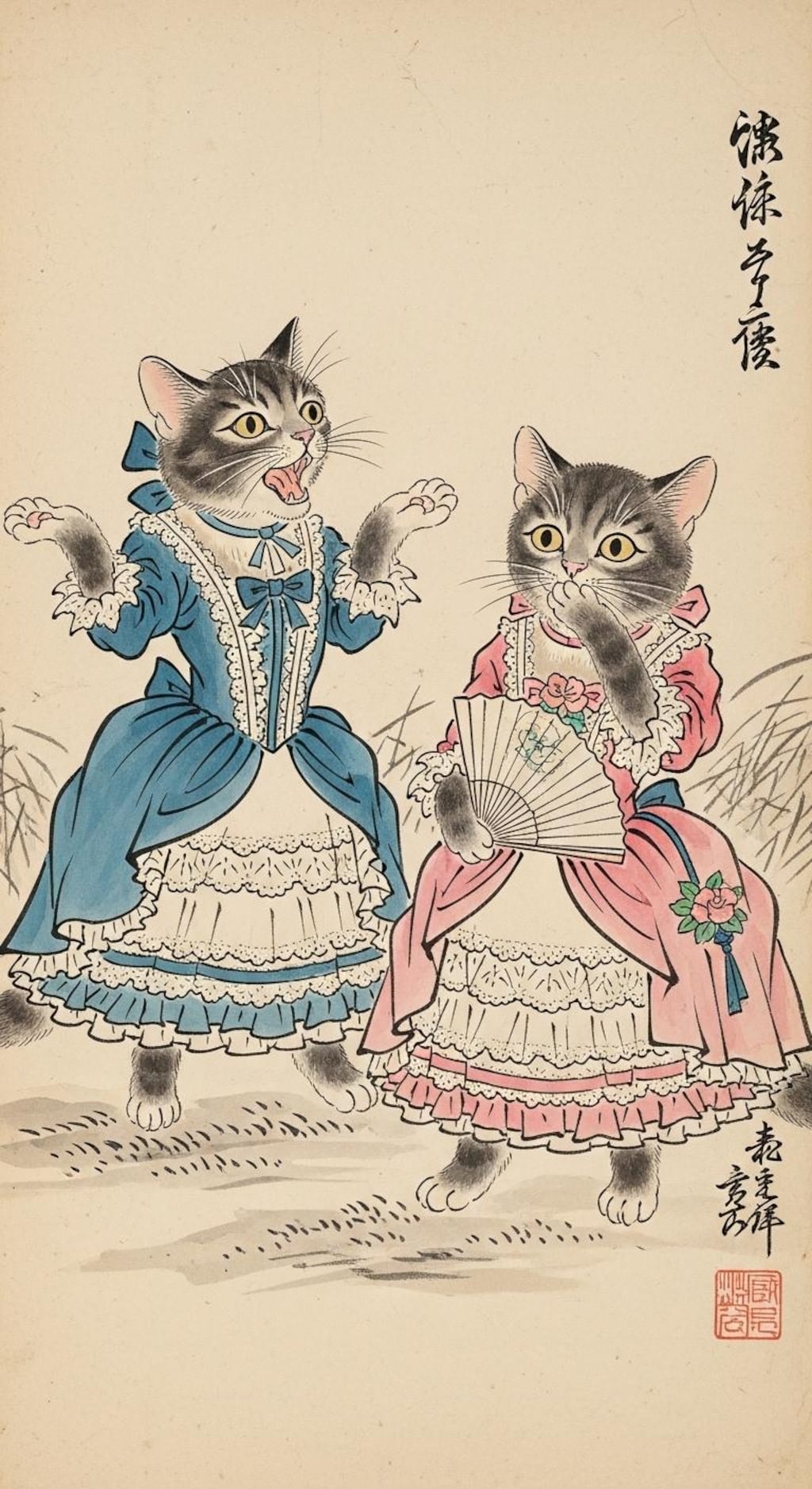 にゃんにゃん人物戯画002《日本画風》