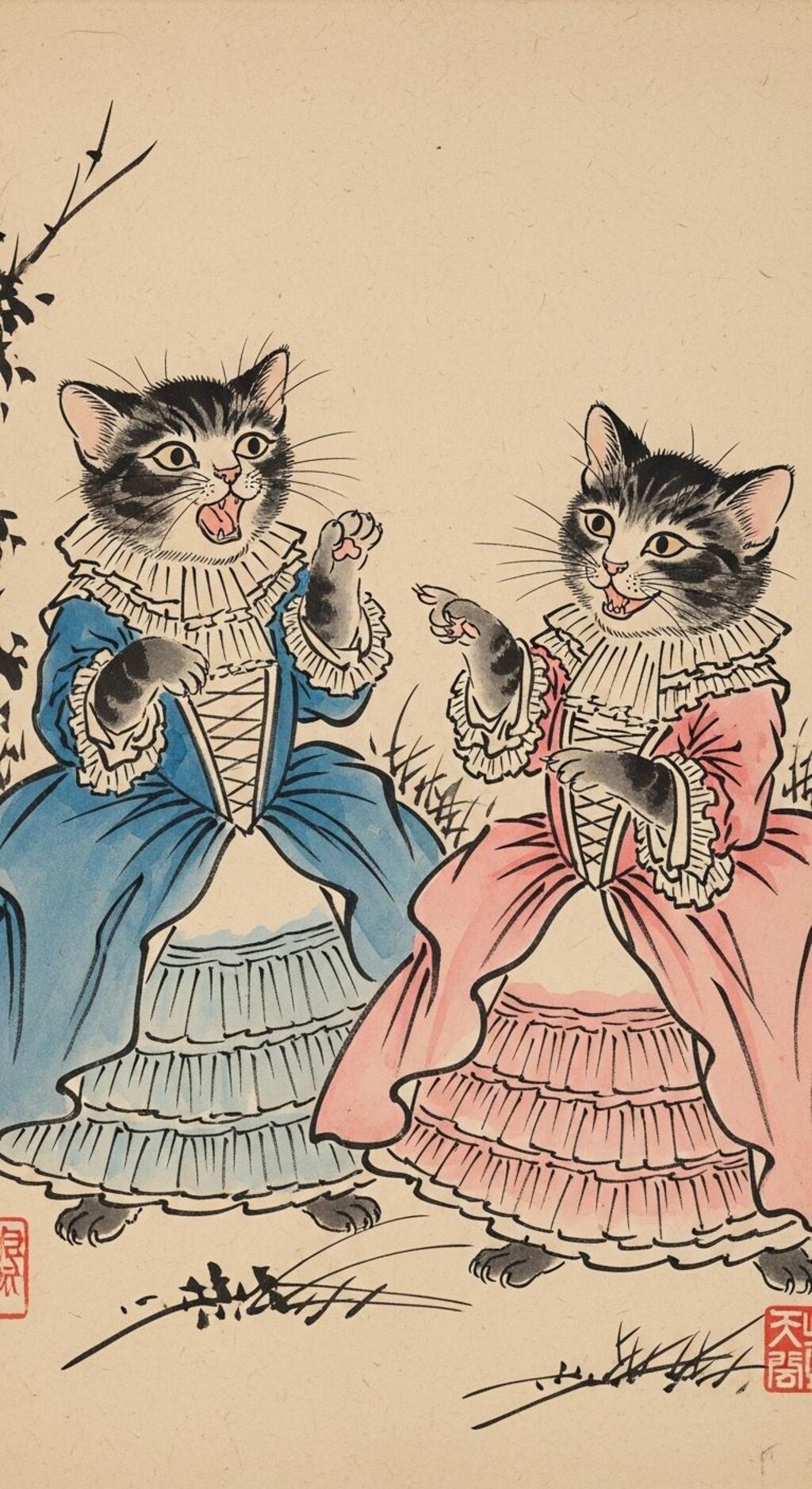 にゃんにゃん人物戯画002《日本画風》