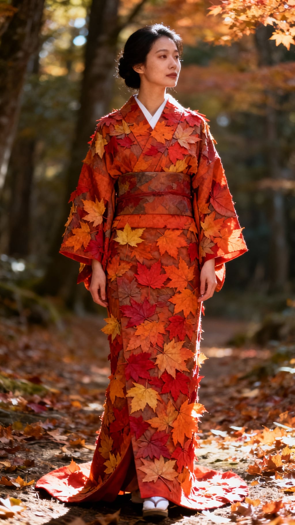 紅葉で作った着物を纏う淑女の全身写真