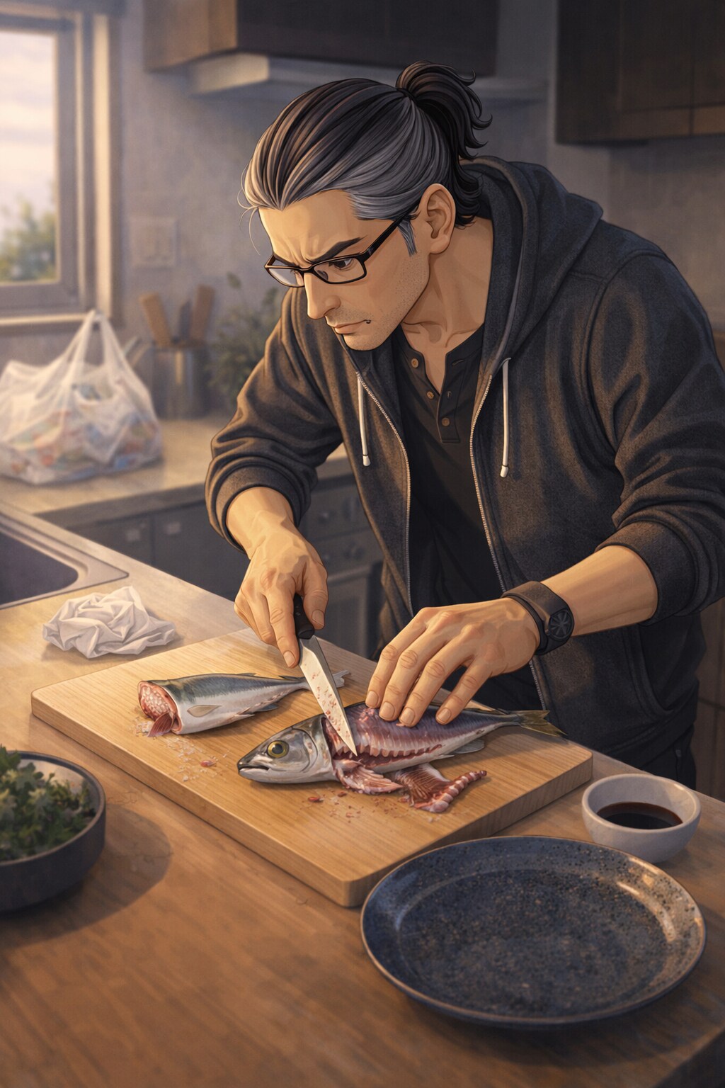 まだ魚捌き慣れてないオジサン