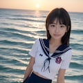 海の夕陽とセーラーJK 5枚目
