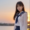 海の夕陽とセーラーJK 6枚目