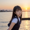 海の夕陽とセーラーJK 4枚目