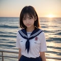 海の夕陽とセーラーJK 3枚目