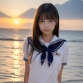 海の夕陽とセーラーJK 2枚目