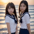 海の夕陽とセーラーJK 10枚目