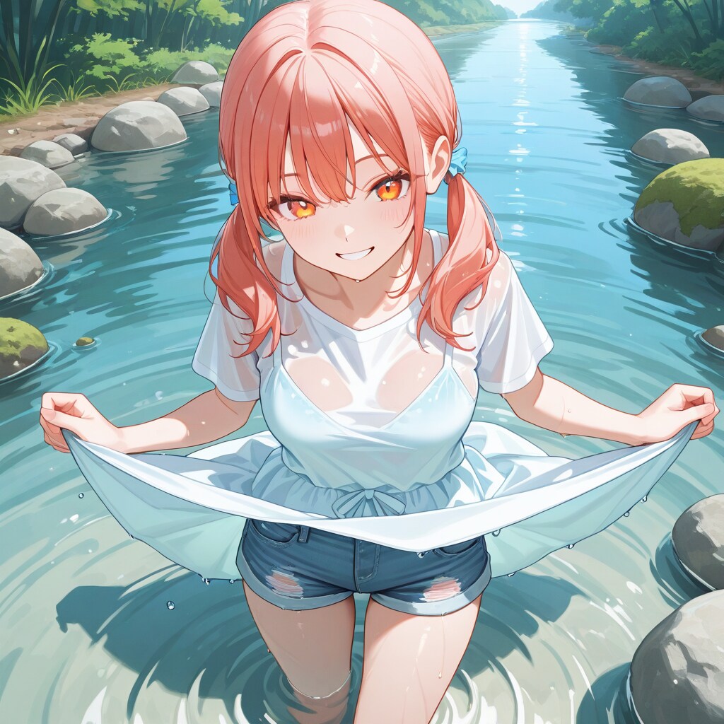 川辺で水遊び