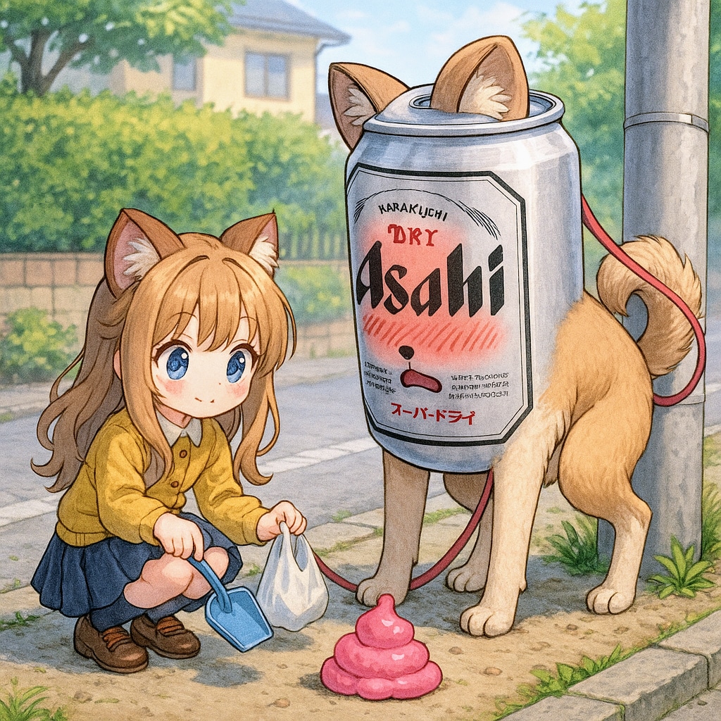 犬の糞の処理をする小さな女の子