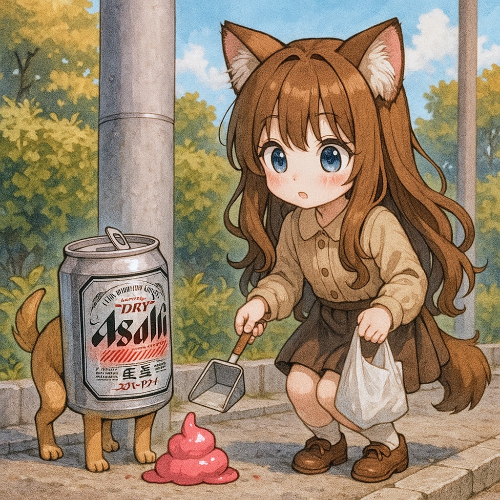 犬の糞の処理をする小さな女の子