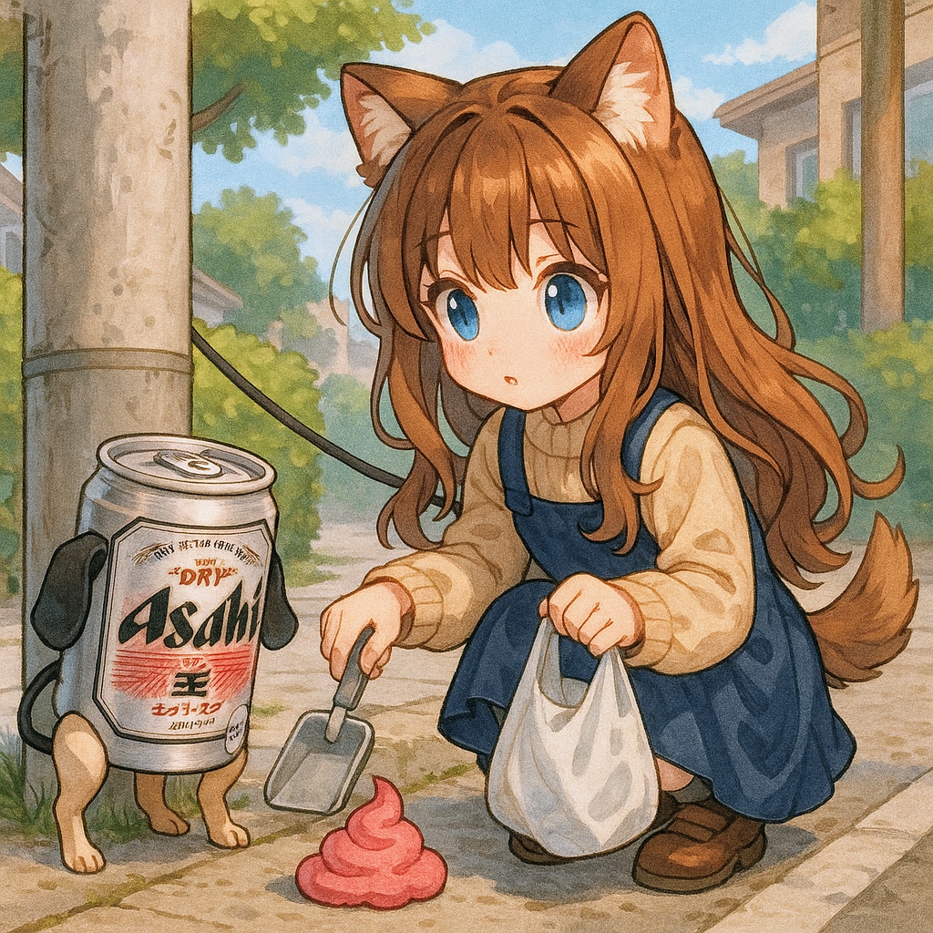 犬の糞の処理をする小さな女の子