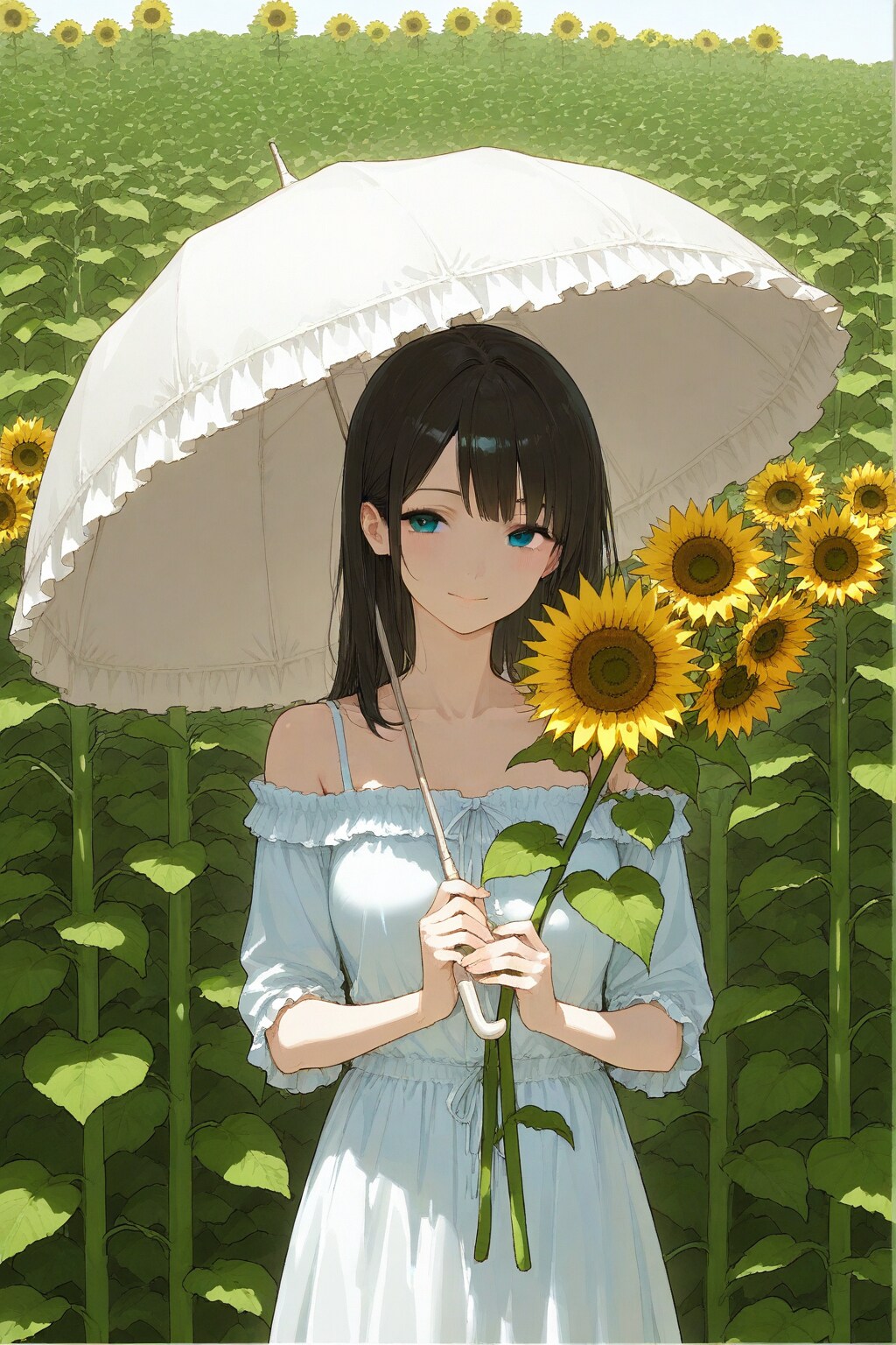a girl with a parasol in a sunflower field