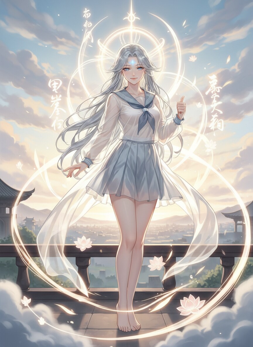 Having successfully synchronized with the energy of the heavens, she smiles shyly and gives a thumbs