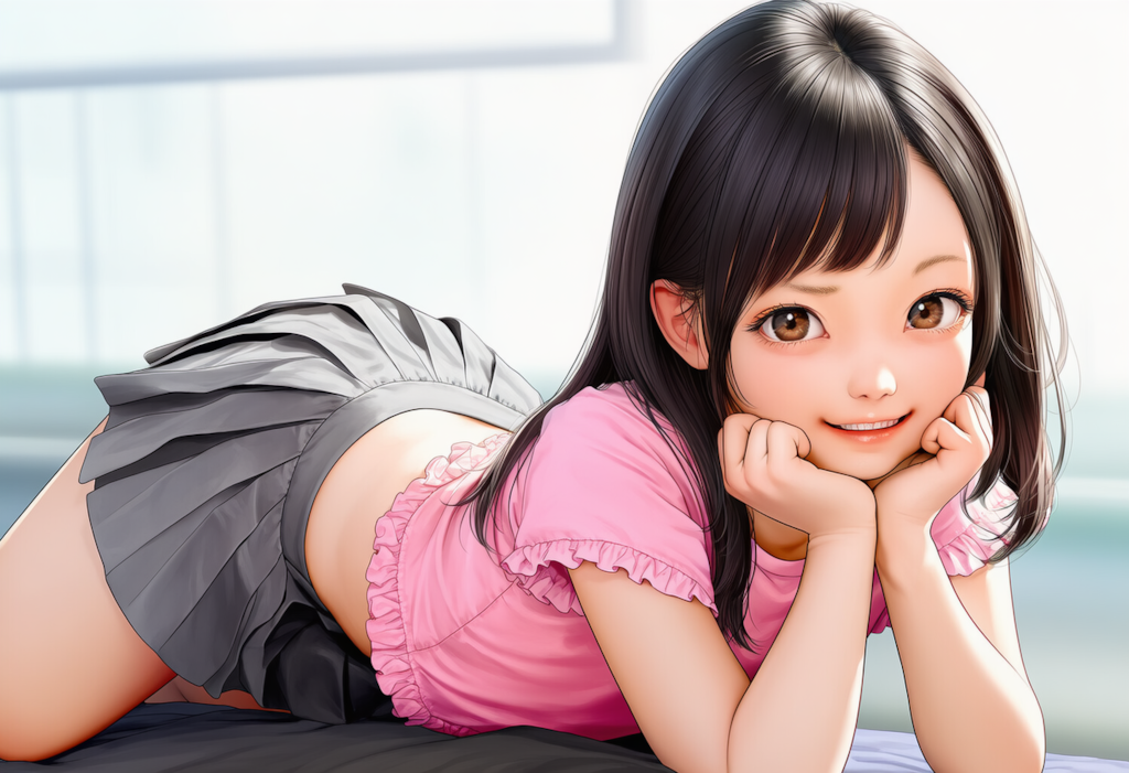 頬杖をつくピンクのシャツの女の子