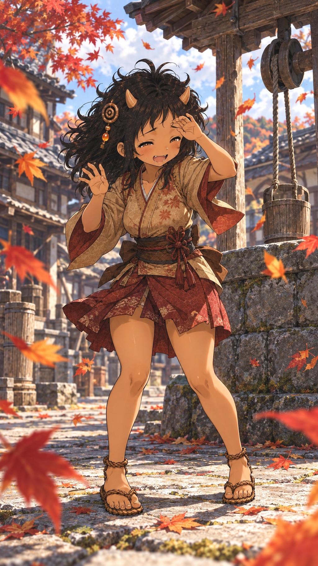秋灯り、石段に舞う風花
